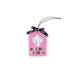 Pink tag with ghost illustration and text on a white background