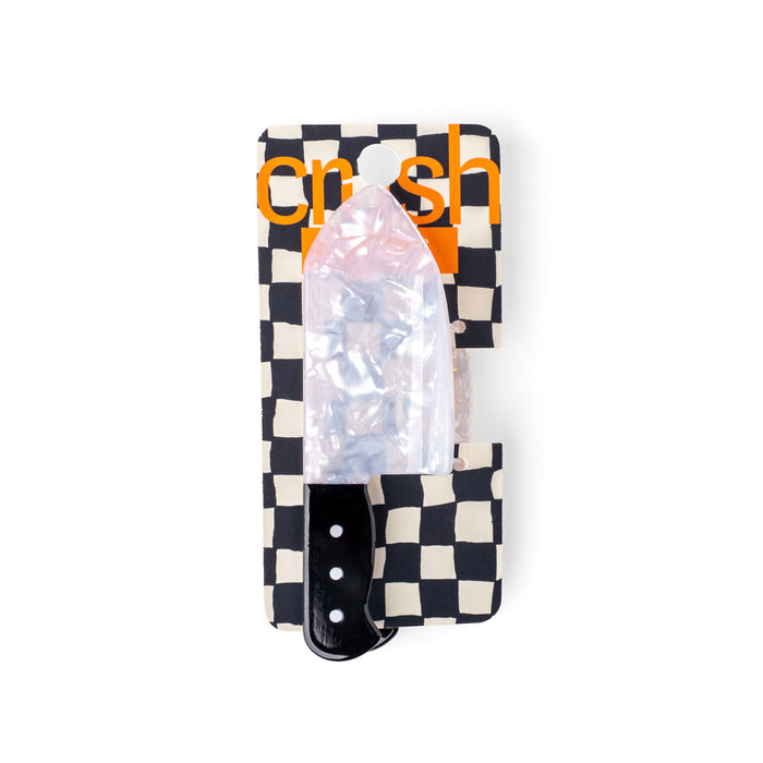 Checkered knife with a clear plastic bag on a white background