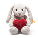 Plush bunny toy with a red heart on a white background