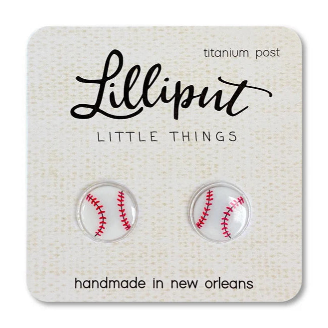 Baseball-themed earrings on a Lilliput Little Things branded card.