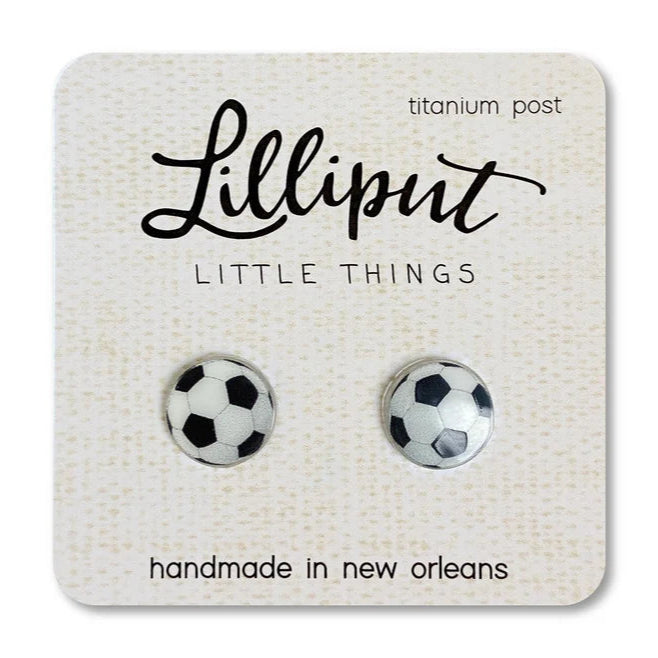 Soccer ball earrings on a Lilliput Little Things branded card.