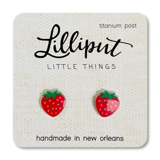 Strawberry-shaped earrings on a Lilliput Little Things branded card.