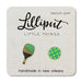 Two green earrings on a Lilliput Little Things branded card.
