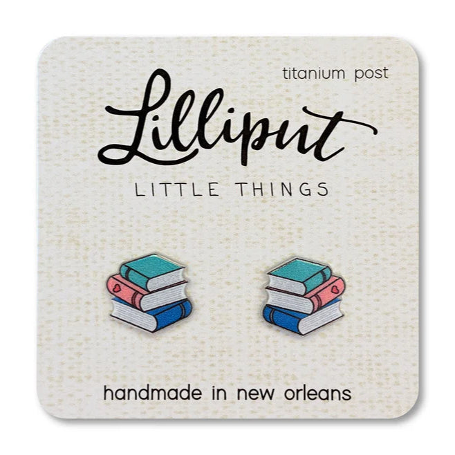 Earring card with 'Lilliput Little Things' branding and book-shaped earrings.