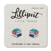 Earring card with 'Lilliput Little Things' branding and book-shaped earrings.