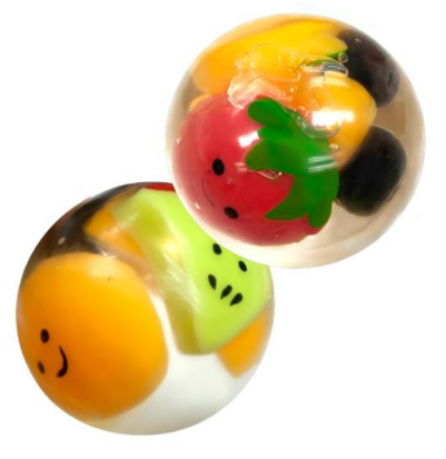 Two colorful plastic rings with fruit designs on a white background