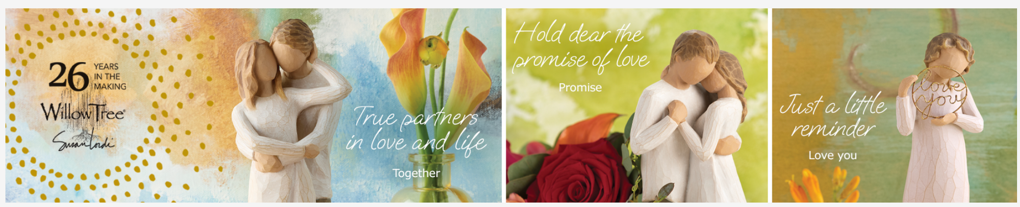 A four-panel wedding invitation banner featuring a couple in white wedding dresses and suits, with romantic text including '26 years to the wedding', 'True partners in love and life', 'Hold dear the promise of love', and 'Just a little reminder Love you'.
