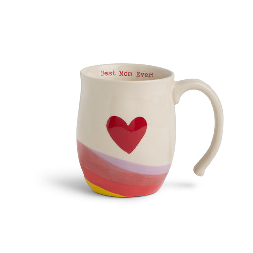 Mug with red heart and 'Best Mom Ever!' text on a white background