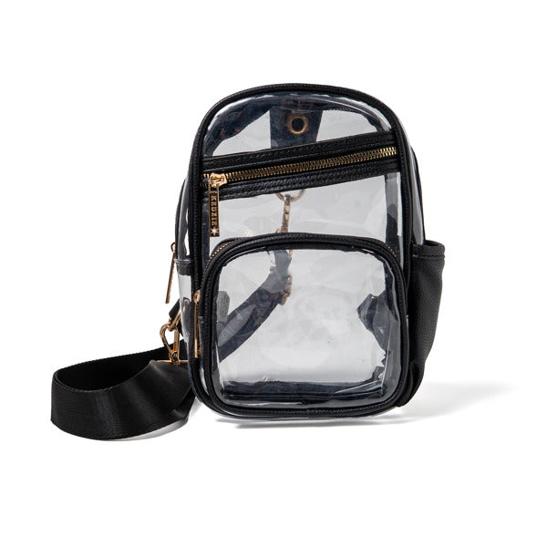 Clear crossbody bag with black trim on a white background