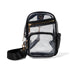 Clear crossbody bag with black trim on a white background