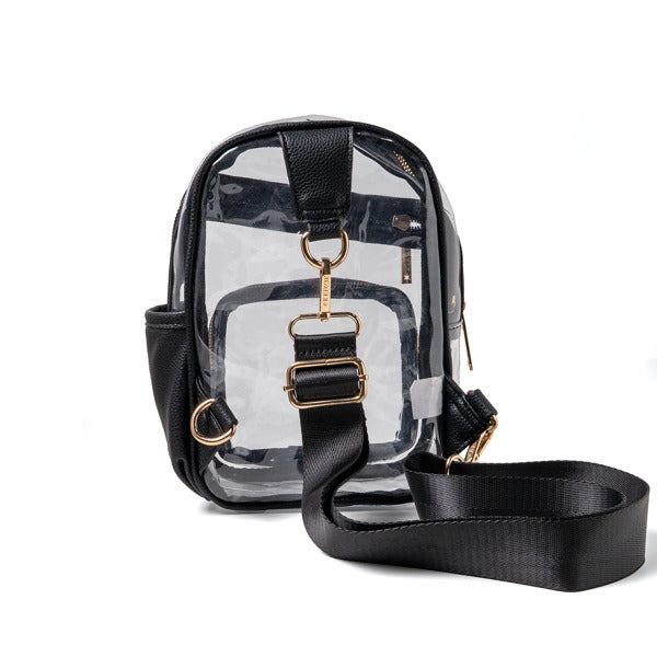 Clear handbag with black straps on a white background