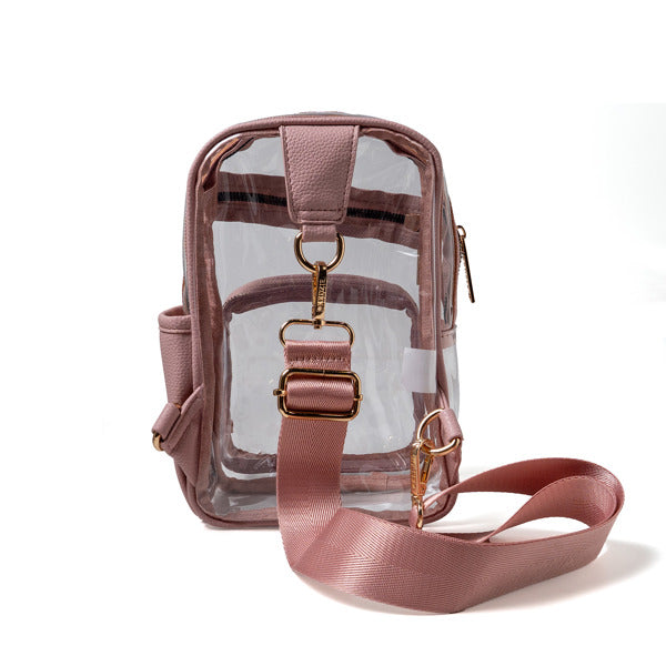 Clear backpack with pink straps on a white background