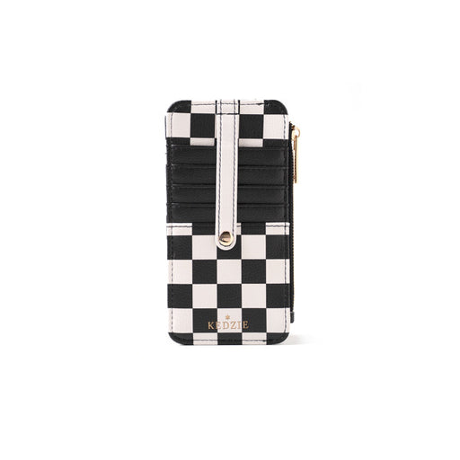 Black and white checkered wallet with gold zipper on a white background