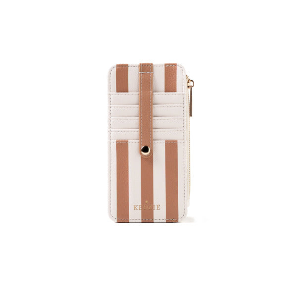 White phone case with brown stripes and 'Kerrin' branding on a white background