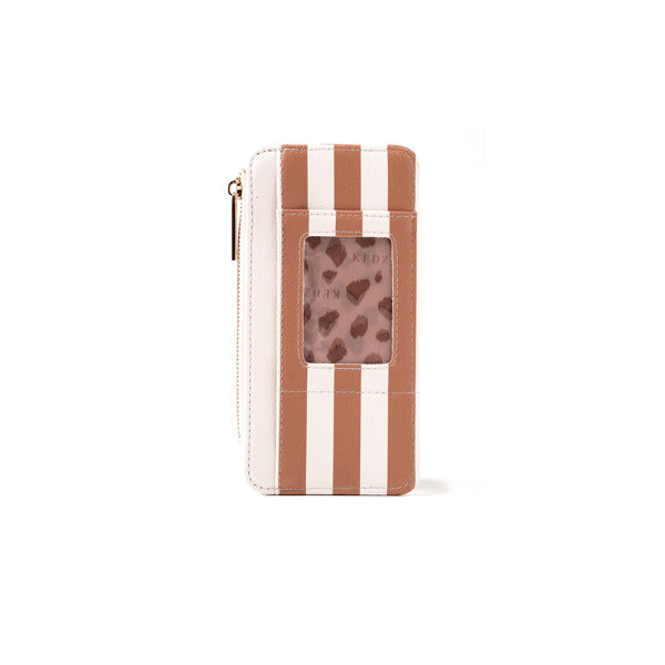 Striped wallet with a clear window on a white background