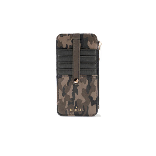Camouflage-patterned wallet with a leather strap on a white background