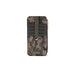 Camouflage-patterned wallet with a leather strap on a white background