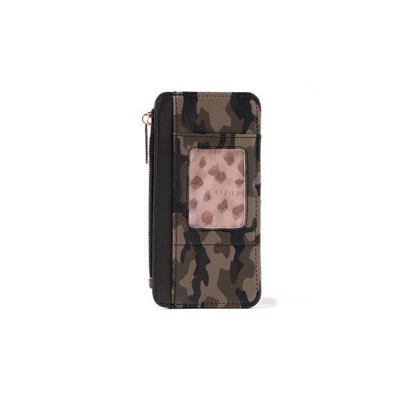 Camouflage-patterned phone wallet with a pink card holder on a white background