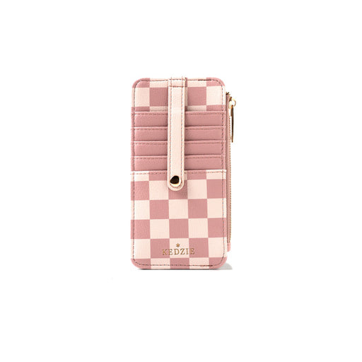 Pink and white checkered phone case with a strap on a white background