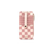 Pink and white checkered phone case with a strap on a white background