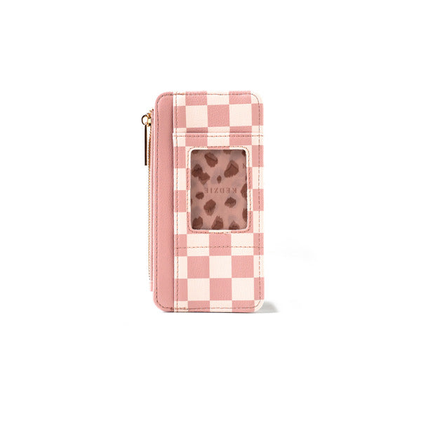 Pink checkered phone case with a clear window on a white background