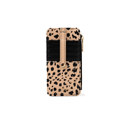 Phone case with leopard print and black accents on a white background