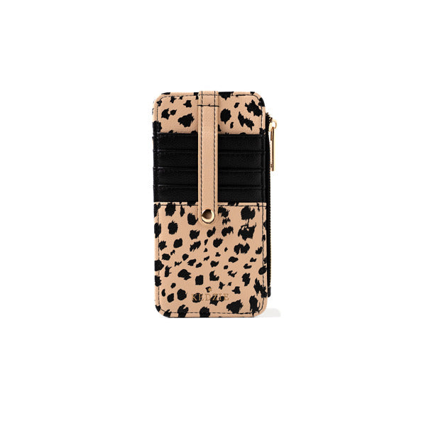 Phone case with leopard print and black accents on a white background