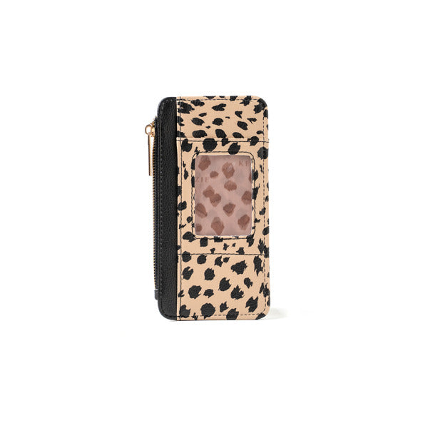 Leopard print phone case with a clear window on a white background