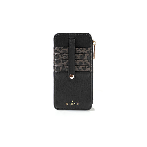Black phone case with leopard print accent and KEDZIE branding on a white background