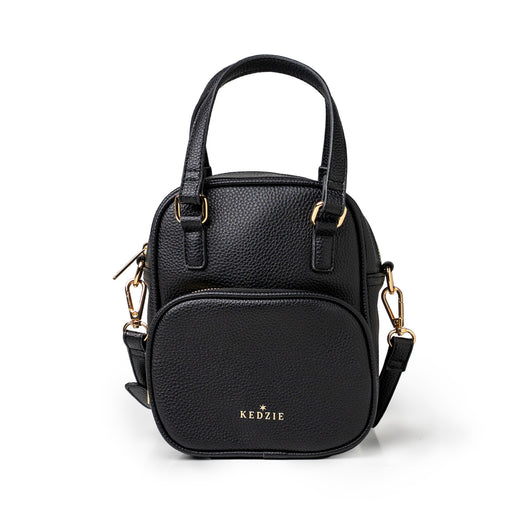 Black handbag with gold accents on a white background