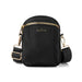 Black crossbody bag with gold accents on a white background