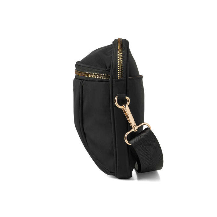 Black crossbody bag with gold zipper and strap on a white background