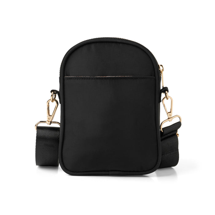 Black crossbody bag with gold hardware on a white background