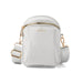 White crossbody bag with gold accents on a white background
