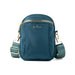 Teal crossbody bag with gold zippers on a white background