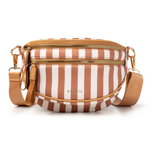 Striped handbag with brown and white pattern on a white background