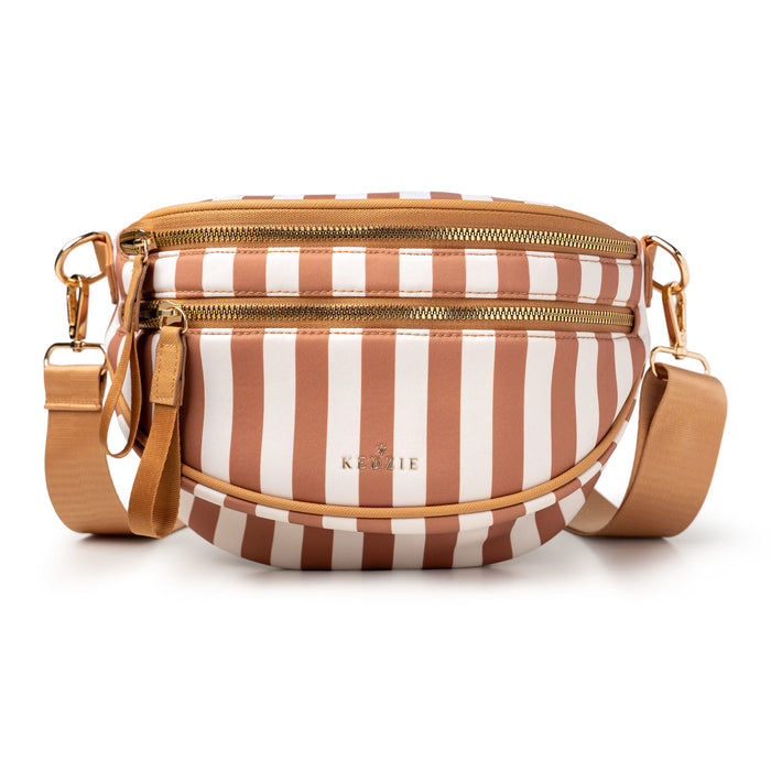 Striped handbag with brown and white pattern on a white background