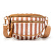 Striped handbag with brown and white pattern on a white background
