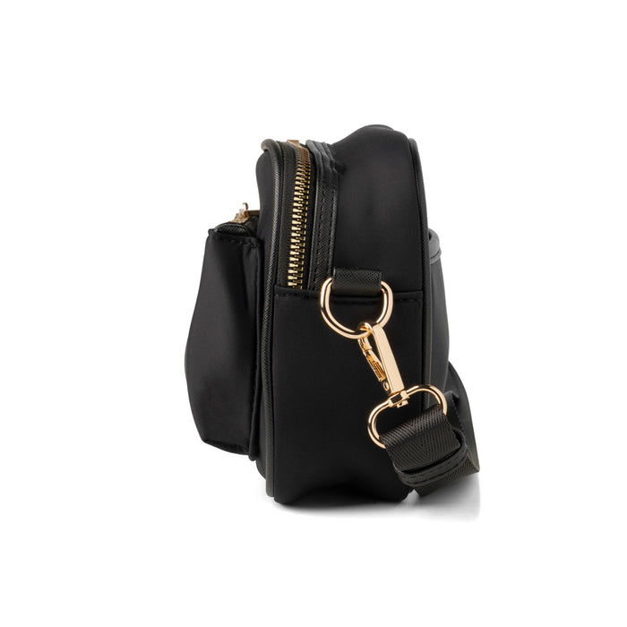Black crossbody bag with gold hardware on a white background