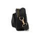 Black crossbody bag with gold hardware on a white background