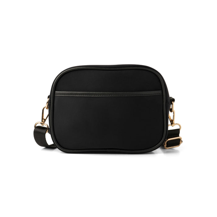 Black crossbody bag with gold accents on a white background