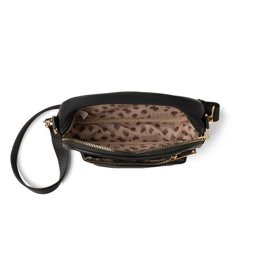 Black handbag with gold accents and leopard print interior on a white background