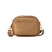 Tan crossbody bag with gold accents on a white background