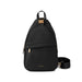Black sling bag with gold accents on a white background