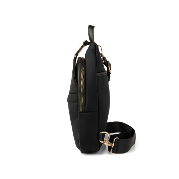 Black sling bag with gold zippers on a white background