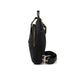 Black sling bag with gold zippers on a white background
