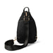 Black sling bag with gold hardware on a white background