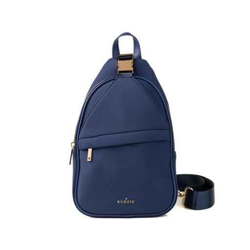 Navy blue backpack with gold accents on a white background