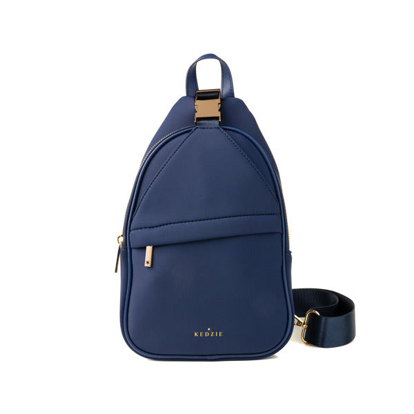 Navy blue backpack with gold accents on a white background