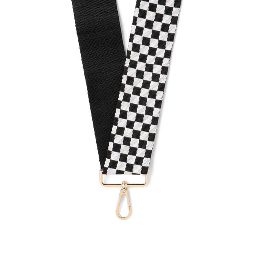 Black and white checkered strap with a gold clasp on a white background